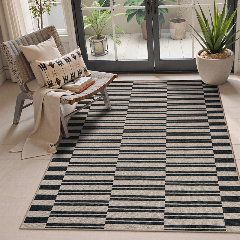 La Home Lahome Elance Striped Easy Jute Rug, 3x5 Outdoor Patio Porch Rug Washable Rugs for Entryway, Indoor Outdoor Living Room Carpets, Farmhouse Neutral Non Slip Black Carpet for Backyard Bedroom RV - Image 1