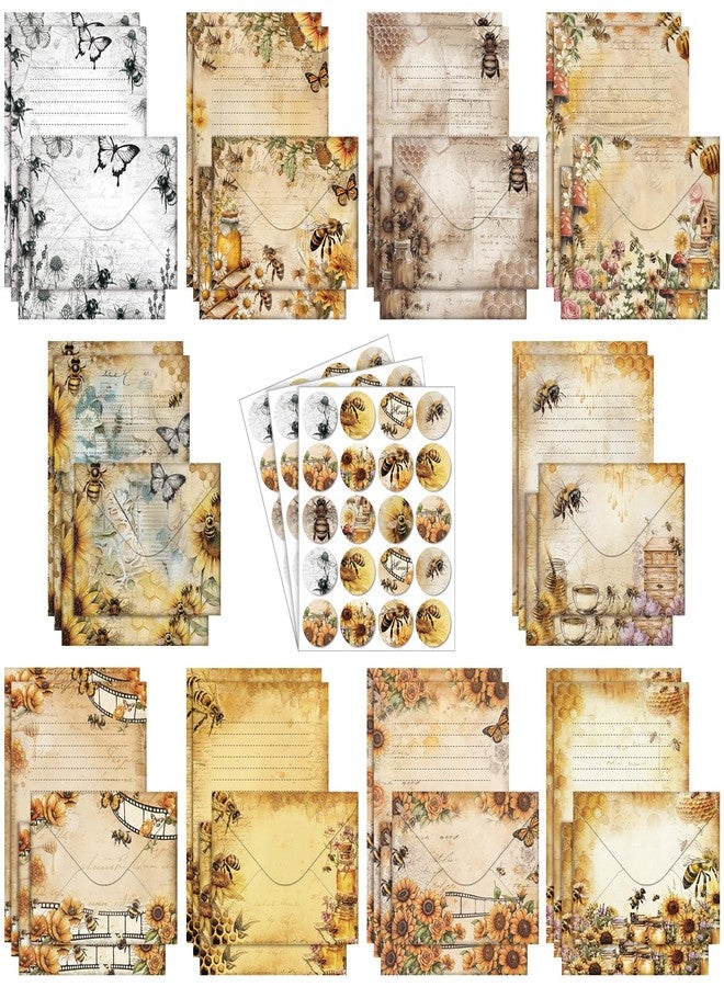 تاوباري مجموعة أوراق قرطاسية من تاوباري مكونة من 160 قطعة، 50 ورقة قرطاسية مزدوجة الجوانب مع 50 ظرفًا متطابقًا و60 ملصقًا دائريًا منقطًا، 10 تصميمات (نحلة عتيقة، زهور، فراشة، 8.25 × 5.5 بوصة). - Image 1