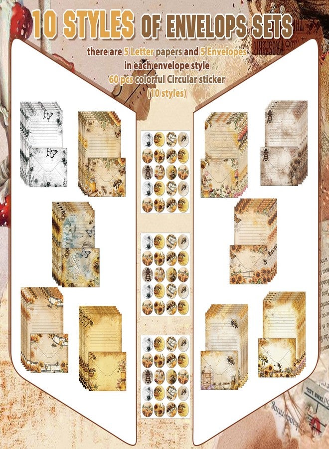 تاوباري مجموعة أوراق قرطاسية من تاوباري مكونة من 160 قطعة، 50 ورقة قرطاسية مزدوجة الجوانب مع 50 ظرفًا متطابقًا و60 ملصقًا دائريًا منقطًا، 10 تصميمات (نحلة عتيقة، زهور، فراشة، 8.25 × 5.5 بوصة). - Image 5