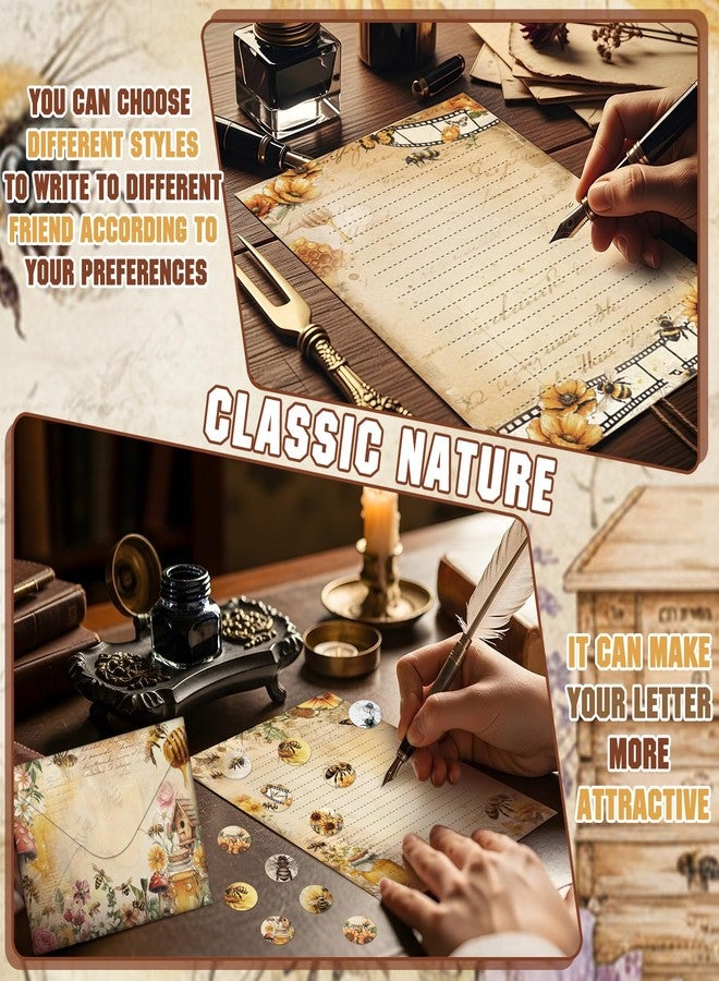 تاوباري مجموعة أوراق قرطاسية من تاوباري مكونة من 160 قطعة، 50 ورقة قرطاسية مزدوجة الجوانب مع 50 ظرفًا متطابقًا و60 ملصقًا دائريًا منقطًا، 10 تصميمات (نحلة عتيقة، زهور، فراشة، 8.25 × 5.5 بوصة). - Image 3