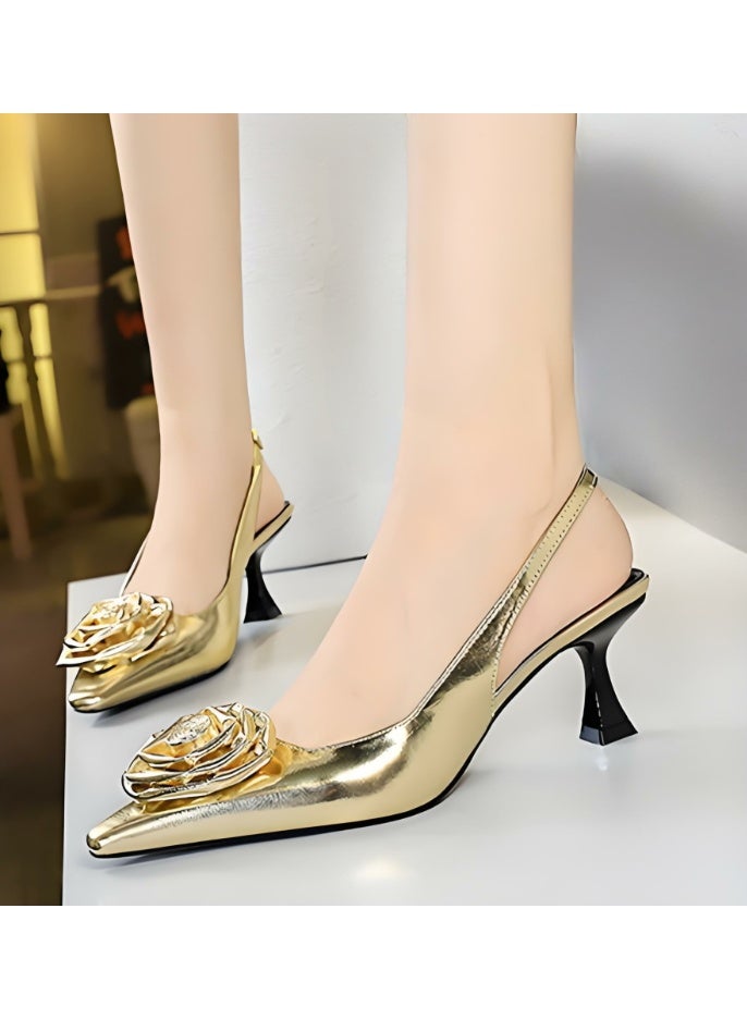 بيج تري المرأة الزهرية مغلقة أشارت إصبع القدم مضخات سلينغباك كعب عالي صنادل الذهب 6CM - Image 3