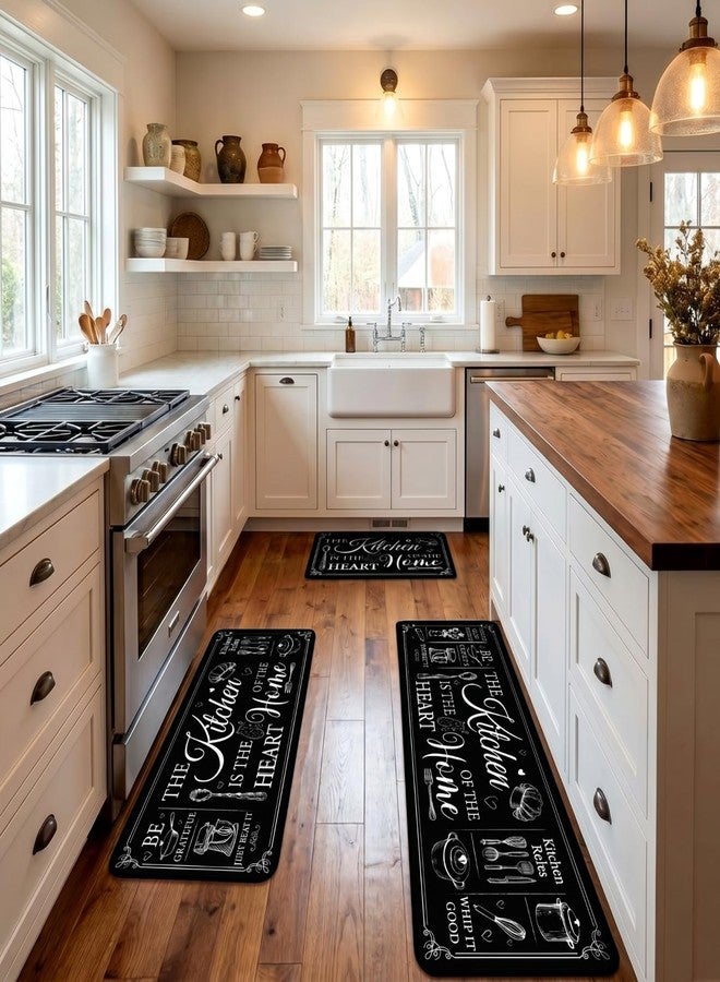 Bencailor 3 Pieces Kitchen Rugs Set Non Slip Washable Kitchen Mats Farmhouse Welcome Door Mat Floor Rugs Absorbent for Home Laundry Living Room and Hallway,3 Sizes(Classic Black) - Image 2