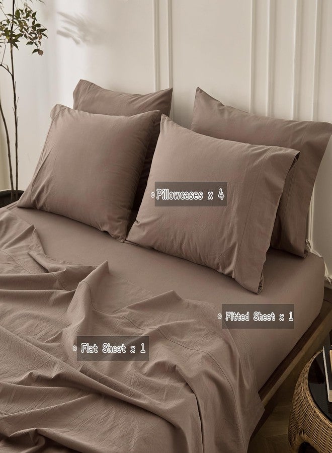 BDEAR 6PS Light Chocolate Brown Bedding Sets Linen Like Cotton Bed Set Oeko-TEX Standard 100% Washed Cotton Deep Pocket Queen Size Fitted Sheet Plus Cozy Flat Sheet and 4 Pillowcases - Image 3