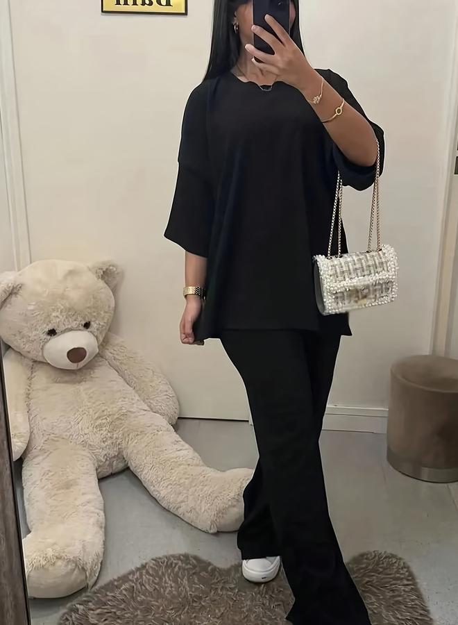 Take Two Black Solid Relaxed T-Shirt and Pants Co-Ords - Image 1