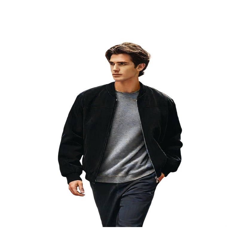 Men's Suede Collar Casual Zip-Up Jacket Retro Loose Fit Outerwear - Image 1