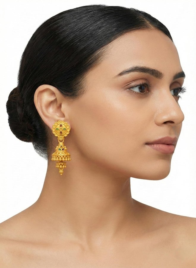 DEW MAT Floral & Round Shaped Gold Tone Traditional Jhumka Earrings for Women | Antique Finish Indian Ethnic Jewelry - Image 5