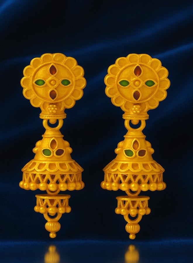 DEW MAT Floral & Round Shaped Gold Tone Traditional Jhumka Earrings for Women | Antique Finish Indian Ethnic Jewelry - Image 3