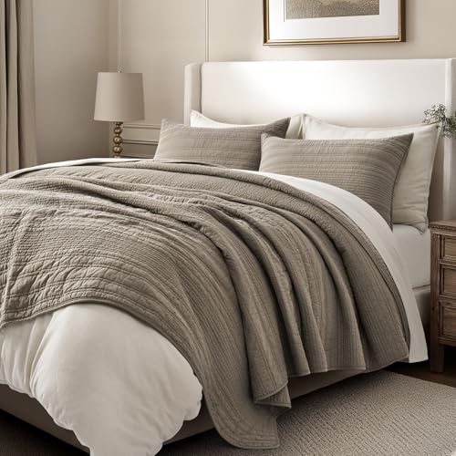 EVERGRACEHOME 100% Cotton Modern Lines Quilt Set King Size, Pre-Washed Soft Striped Coverlet Bedspread, 3 Piece Lightweight Bedding Set for All Season, with 2 Pillow Shams, Stone Taupe - Image 5