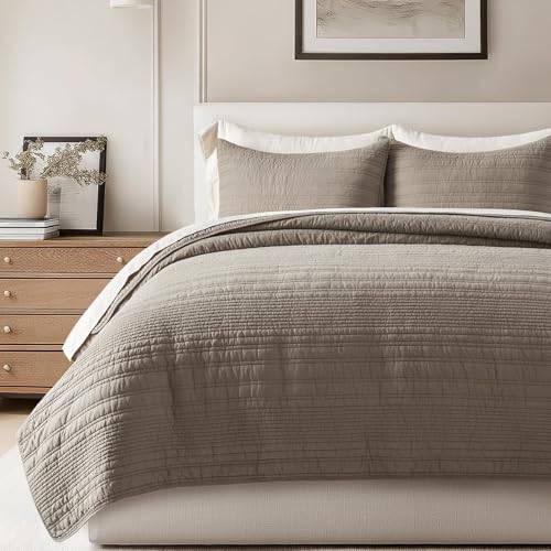 EVERGRACEHOME 100% Cotton Modern Lines Quilt Set King Size, Pre-Washed Soft Striped Coverlet Bedspread, 3 Piece Lightweight Bedding Set for All Season, with 2 Pillow Shams, Stone Taupe - Image 1