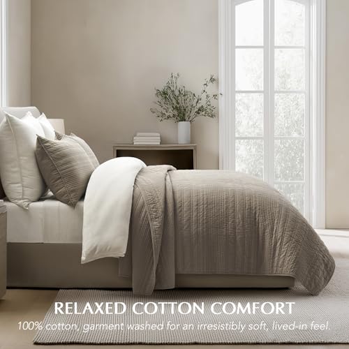 EVERGRACEHOME 100% Cotton Modern Lines Quilt Set King Size, Pre-Washed Soft Striped Coverlet Bedspread, 3 Piece Lightweight Bedding Set for All Season, with 2 Pillow Shams, Stone Taupe - Image 2
