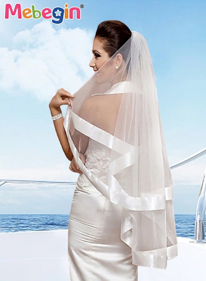 MEBEGIN Simple Elegant Bridal Veil with Metal Tooth Comb, Women's Mid Length 2 Tier Ribbon Edge Wedding Veil, Classic High-Quality Bridal Veil, Easy to Wear and Be Stored, No Awful Odor, 60-80CM - Image 2