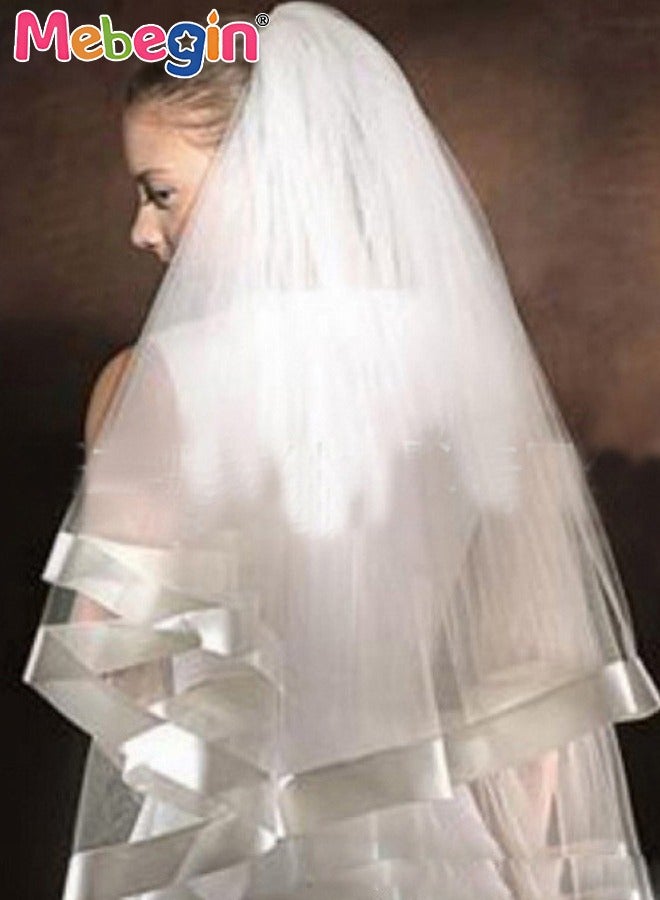 MEBEGIN Simple Elegant Bridal Veil with Metal Tooth Comb, Women's Mid Length 2 Tier Ribbon Edge Wedding Veil, Classic High-Quality Bridal Veil, Easy to Wear and Be Stored, No Awful Odor, 60-80CM - Image 3
