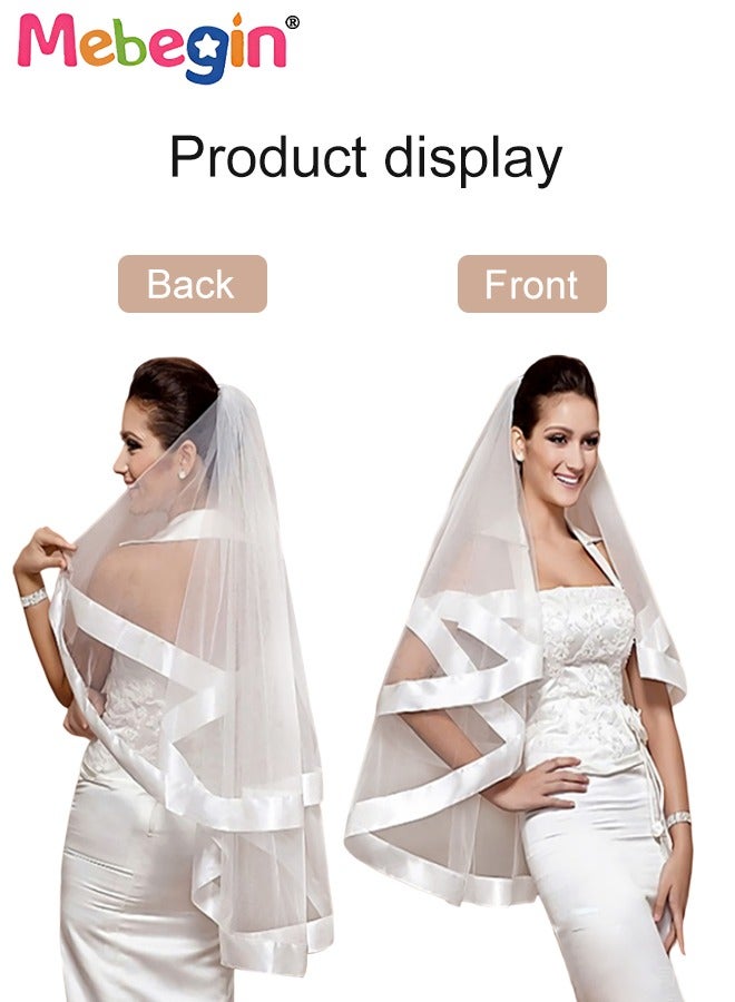 MEBEGIN Simple Elegant Bridal Veil with Metal Tooth Comb, Women's Mid Length 2 Tier Ribbon Edge Wedding Veil, Classic High-Quality Bridal Veil, Easy to Wear and Be Stored, No Awful Odor, 60-80CM - Image 4