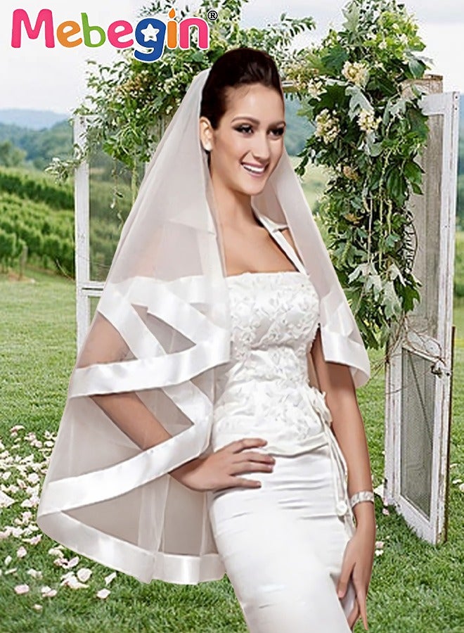 MEBEGIN Simple Elegant Bridal Veil with Metal Tooth Comb, Women's Mid Length 2 Tier Ribbon Edge Wedding Veil, Classic High-Quality Bridal Veil, Easy to Wear and Be Stored, No Awful Odor, 60-80CM - Image 1