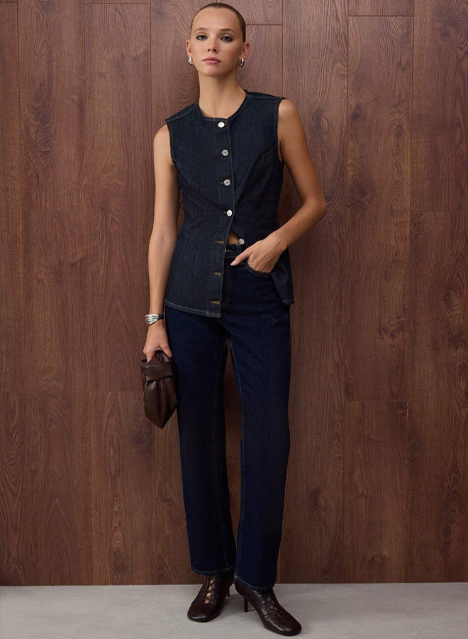trendyol Dark Blue Button Detailed Fitted Denim Vest - Image 1