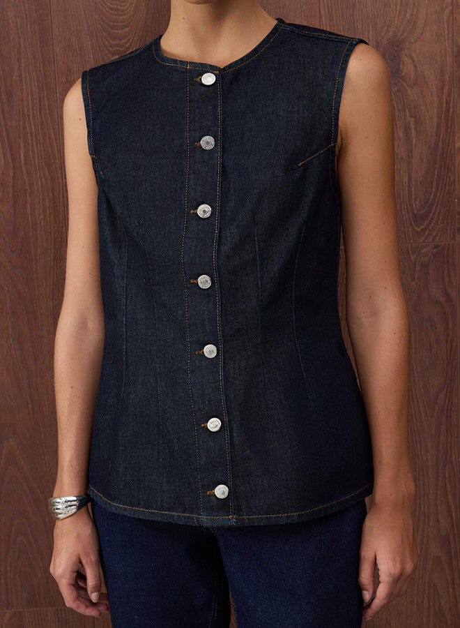 trendyol Dark Blue Button Detailed Fitted Denim Vest - Image 3