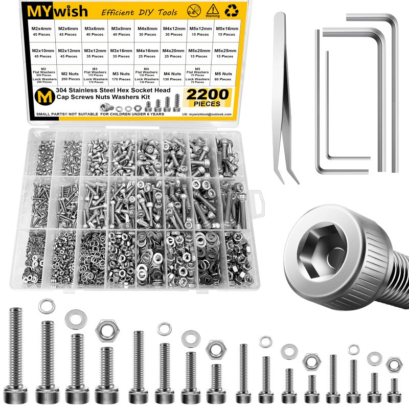 Mywish 2200pc M2-M5 Metric Screw Assortment Kit, Stainless Steel Hex Bolts & Nuts, Spring Washers, Anti-Rust, with Hex Wrenches for 3D Printer - Image 1