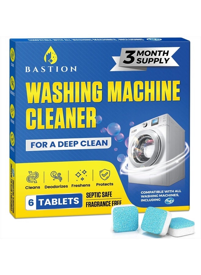 Bastion Washing Machine Cleaner, Deodorizer, & Descaler 6-Pack - Active Deep Cleaning Tablets For HE Front Loader & Top Load Washer, Septic Safe Eco-Friendly - 3 Month Supply - Image 1