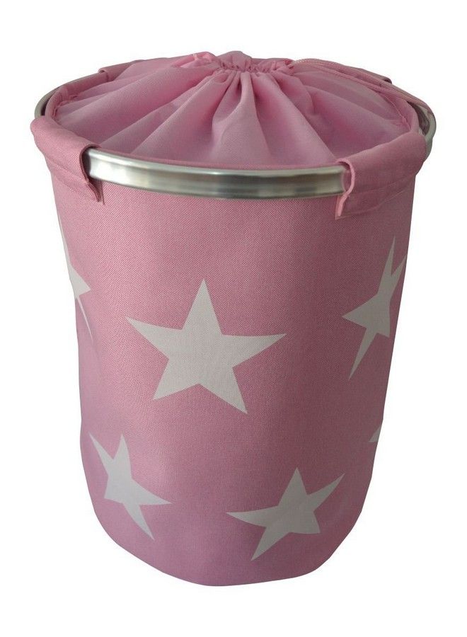 CHAMPS Pink Jute Laundry Hamper Bag With White Star Print Aluminium Handle 21" Tall - Image 3