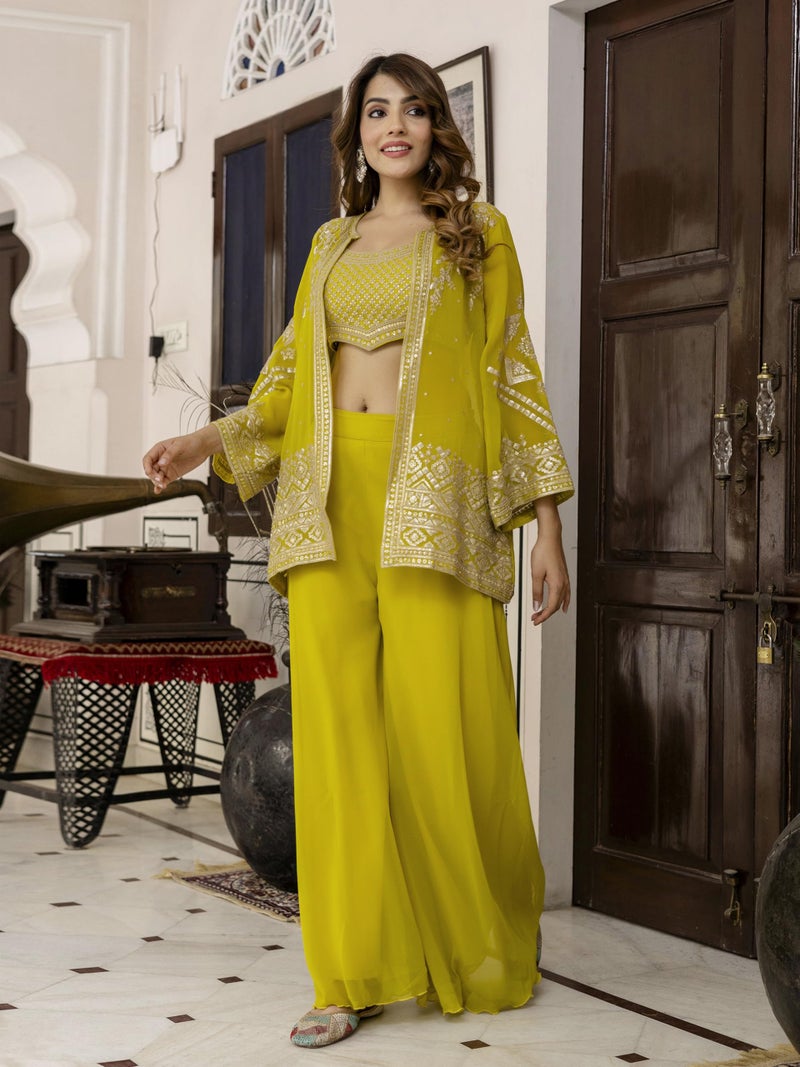 TRENDMALLS Women's Georgette Embroidery Work Crop Top with Flared Palazzo and Shrug Set (G306-Yellow-M) - Image 3