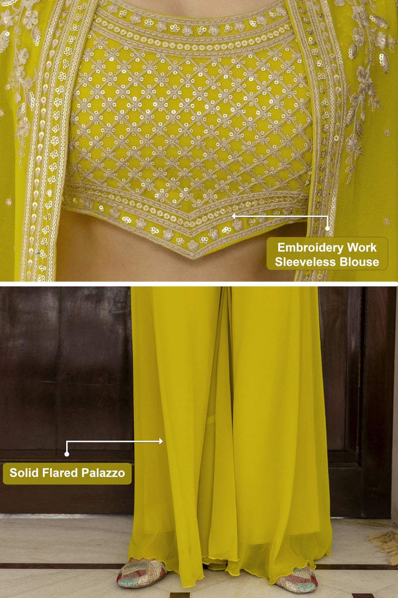 TRENDMALLS Women's Georgette Embroidery Work Crop Top with Flared Palazzo and Shrug Set (G306-Yellow-M) - Image 5