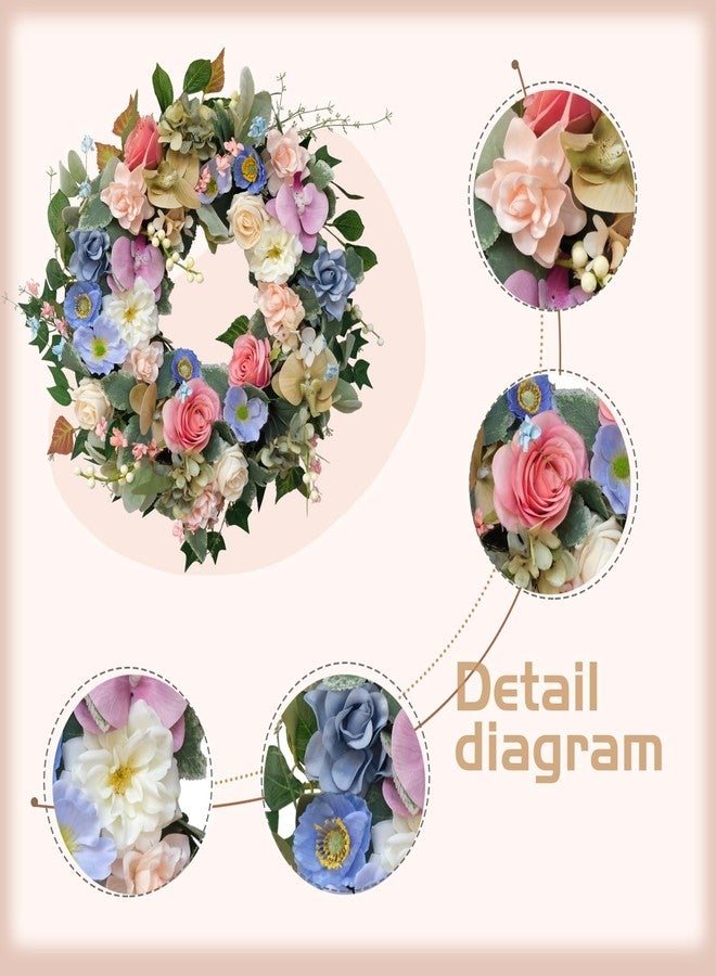 idyllic 22" Artificial Flower Wreath, Colorful Spring/Summer Floral Wreaths with Roses Orchid Gardenia Hydrangea for Front Door Wall Window Holiday Festival Party Banquet Wedding Decor - Image 2