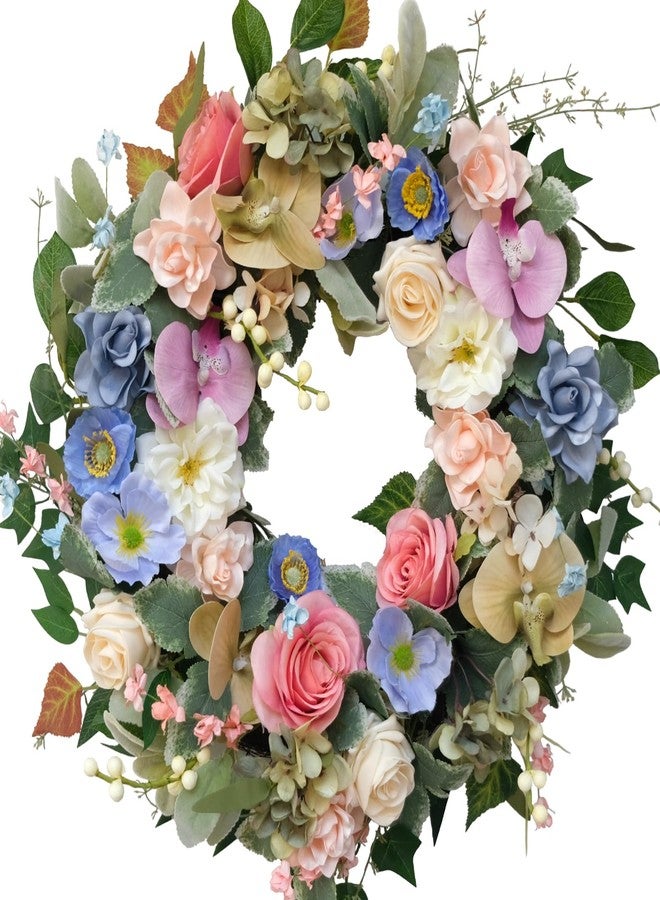 idyllic 22" Artificial Flower Wreath, Colorful Spring/Summer Floral Wreaths with Roses Orchid Gardenia Hydrangea for Front Door Wall Window Holiday Festival Party Banquet Wedding Decor - Image 1