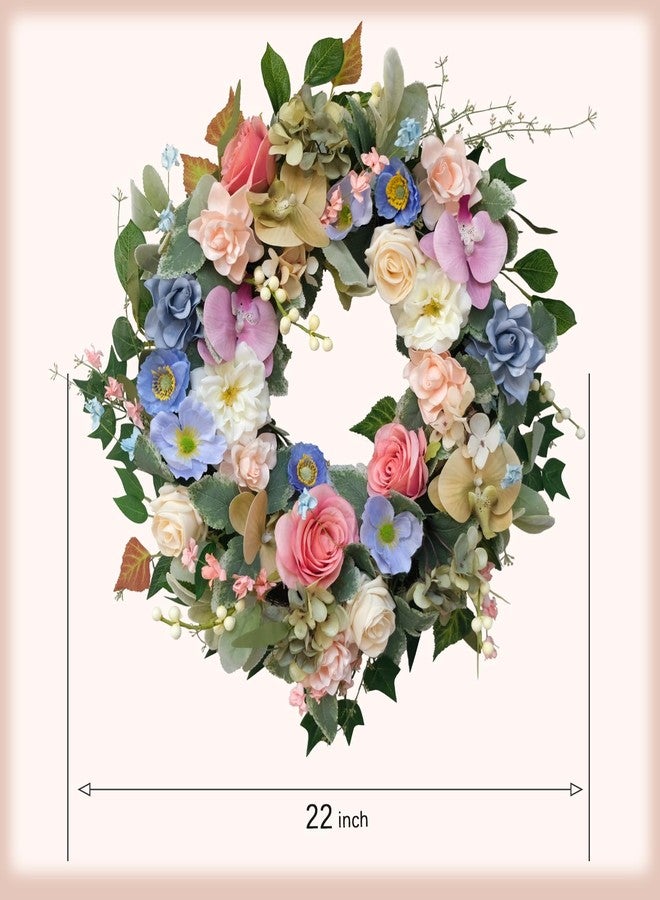 idyllic 22" Artificial Flower Wreath, Colorful Spring/Summer Floral Wreaths with Roses Orchid Gardenia Hydrangea for Front Door Wall Window Holiday Festival Party Banquet Wedding Decor - Image 3
