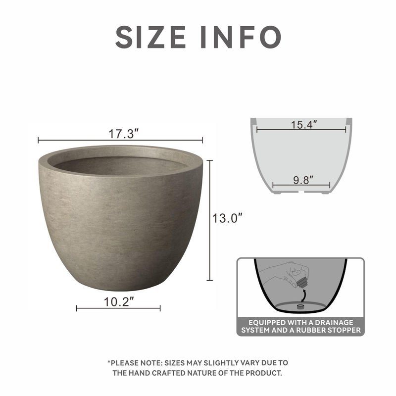 Kante 17.3 Inch Round Concrete Planter - Classic Large Indoor/Outdoor Plant Pot with Drainage Hole and Rubber Plug, Suitable for Gardens and Patios, Weathered Concrete - Image 2