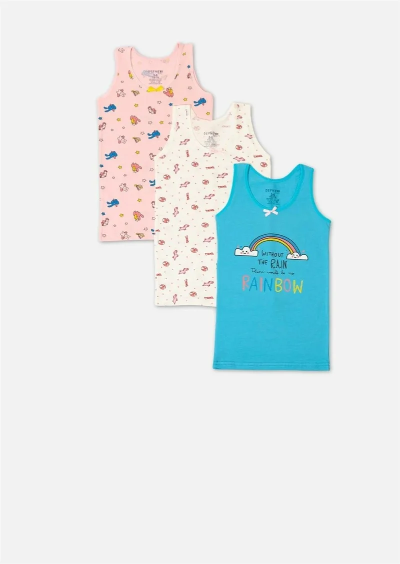 Defne Patterned Printed Wide Strap Lycra Combed Cotton Girls 3-Piece Undershirt Set