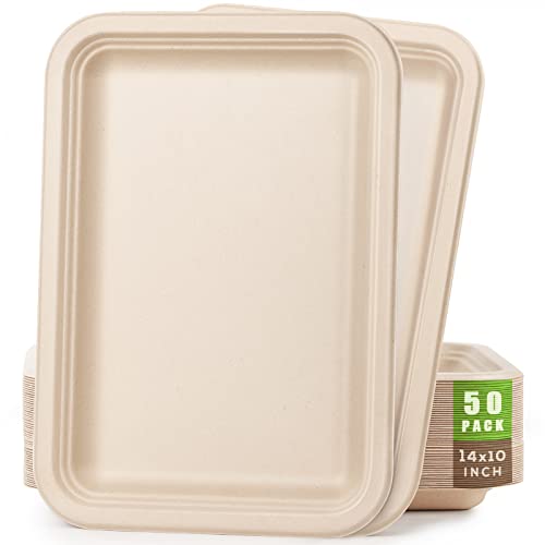 Gezond 50 Pack 14 Inch Disposable Food Trays Eco-friendly Heavy-Duty Large Paper Plates Compostable Sugarcane Platters for Crawfish Lobster Seafood Party Natural - Image 1