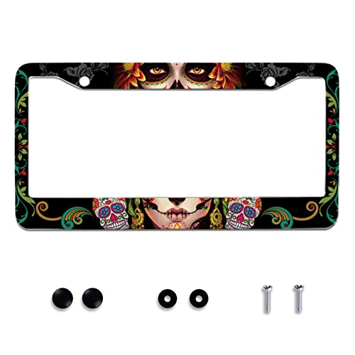 Omw2fyb Personalise Sugar Skull Retro License Plate Frame Colorful Candy Skulls License Plate Car Universal Stainless Steel Accessories Cars Decor 2 Holes Screws Fits Standard US Vehicles Size 12.2 x 6 Inch - Image 1