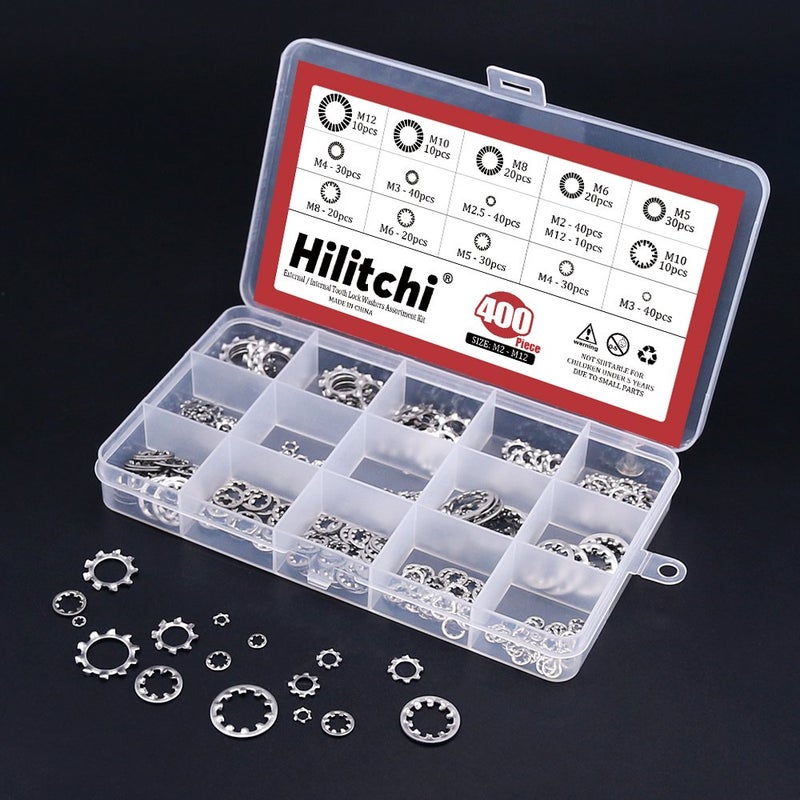 Hilitchi 400-Pcs 304 Stainless Steel External Internal Tooth Star Lock Washers Assortment Kit - Included: M2 M3 M4 M5 M6 M8 M10 M12 - Image 4