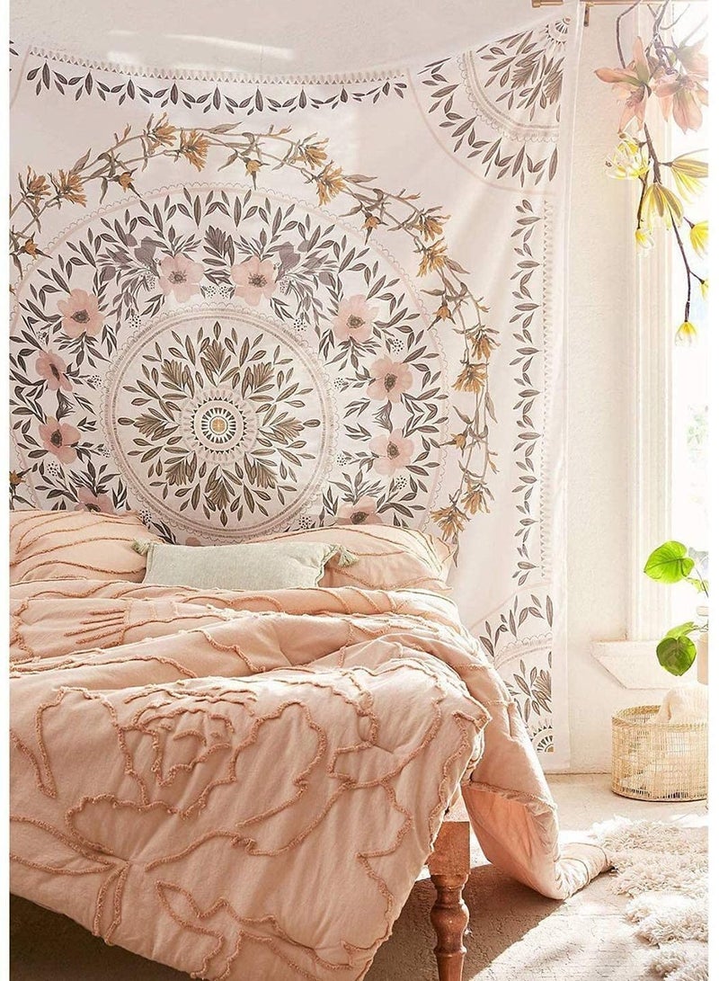 SYOSI White Bohemian Tapestry Wall Hanging, Mandala Floral Medallion Hippie Tapestry with Light Brown Aesthetic Wreath Design, Cream Wall Decor Blanket for Bedroom Home Dorm - Image 2