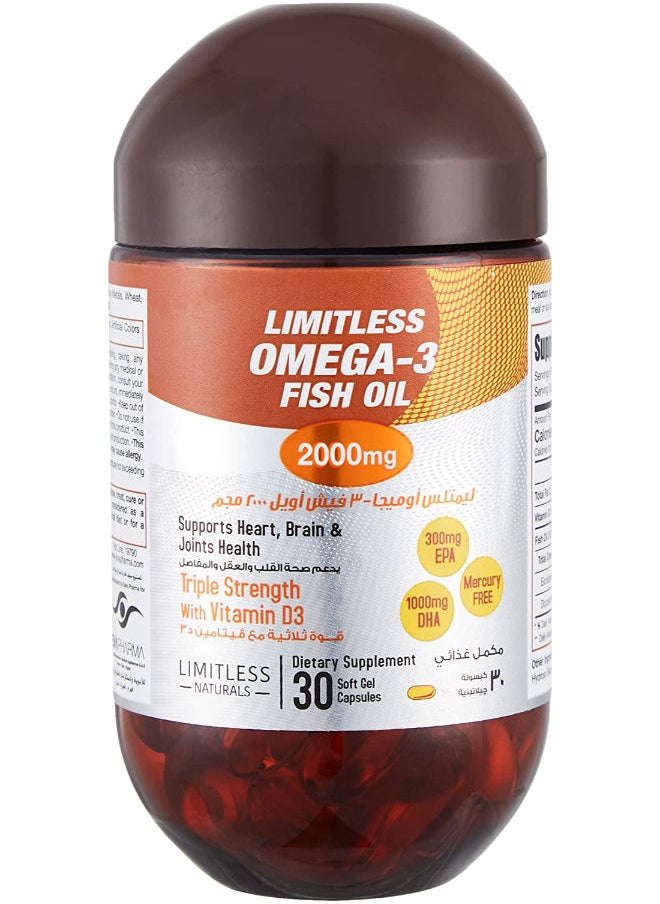 LIMITLESS 30 Capsules Omega 3 Fish Oil, 2000Mg 