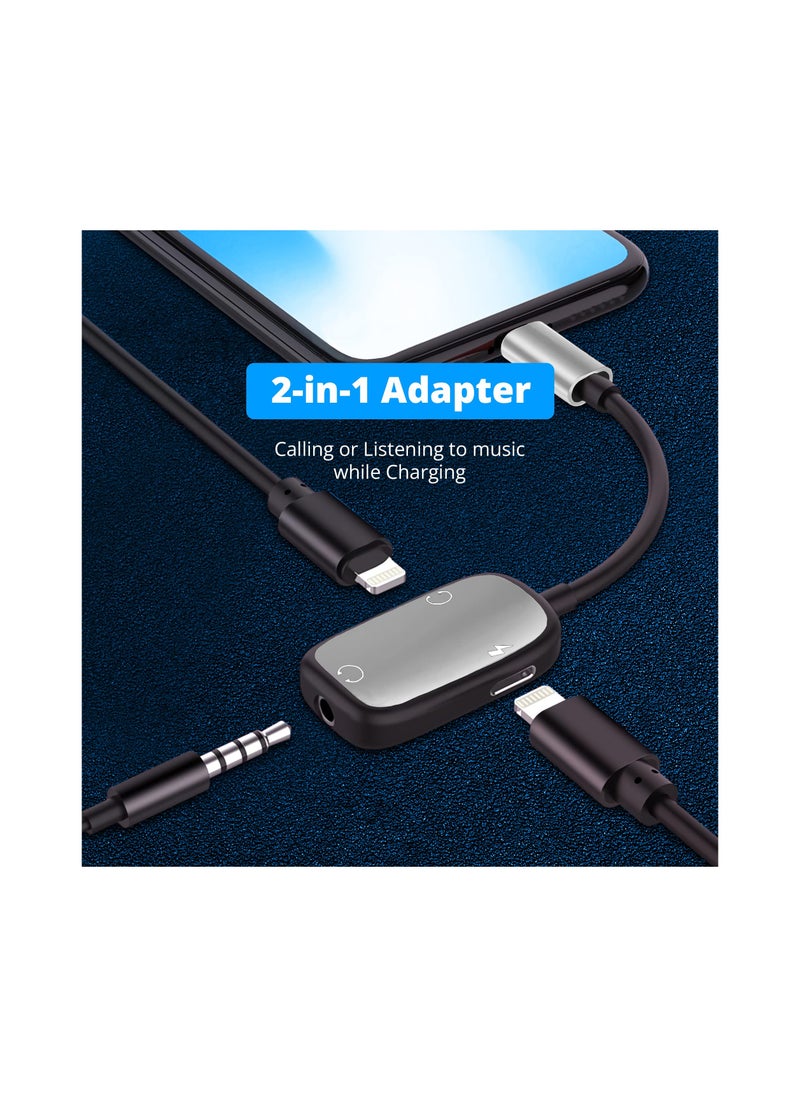 Dual Headphone Adapter, 2-in-1 Audio and Charging Dongle Adapter, AUX Cord and Charger Splitter Adapter Compatible with iPhone 14/14 Pro Max/13 Mini, 13, 12, 11, XR, XS, X, 8, iPad, iPod & More