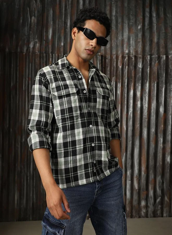 HIGH STAR Men Releaxed Fit Tartan Checks Textured Checked Utility Casual Shirt