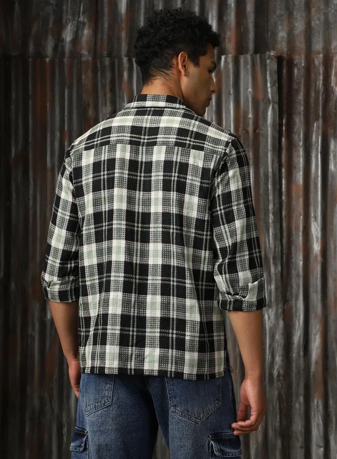 HIGH STAR Men Releaxed Fit Tartan Checks Textured Checked Utility Casual Shirt