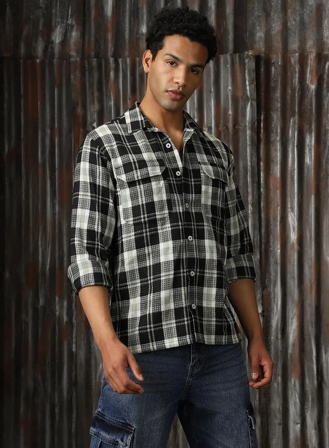 HIGH STAR Men Releaxed Fit Tartan Checks Textured Checked Utility Casual Shirt