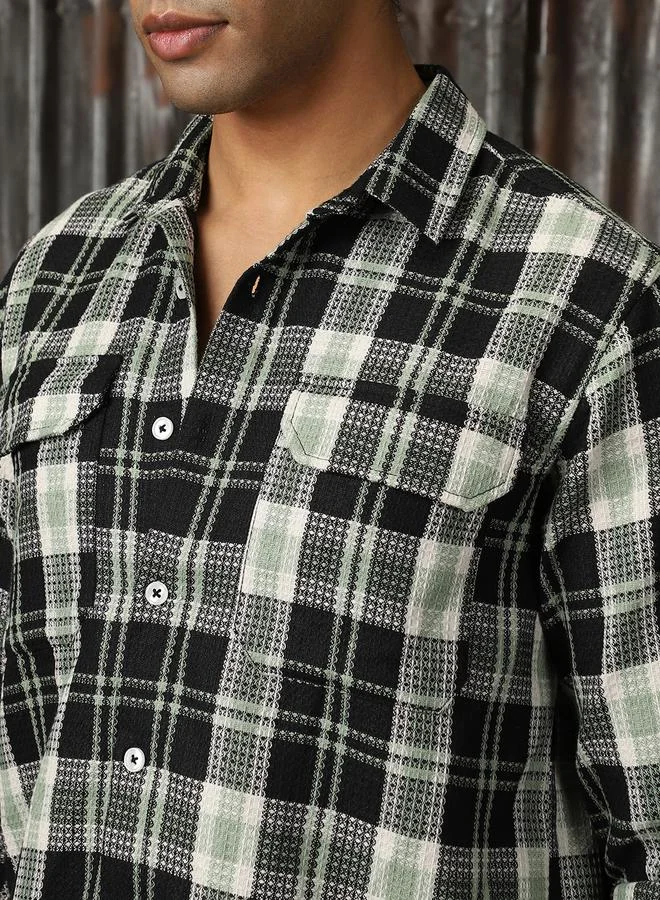 HIGH STAR Men Releaxed Fit Tartan Checks Textured Checked Utility Casual Shirt