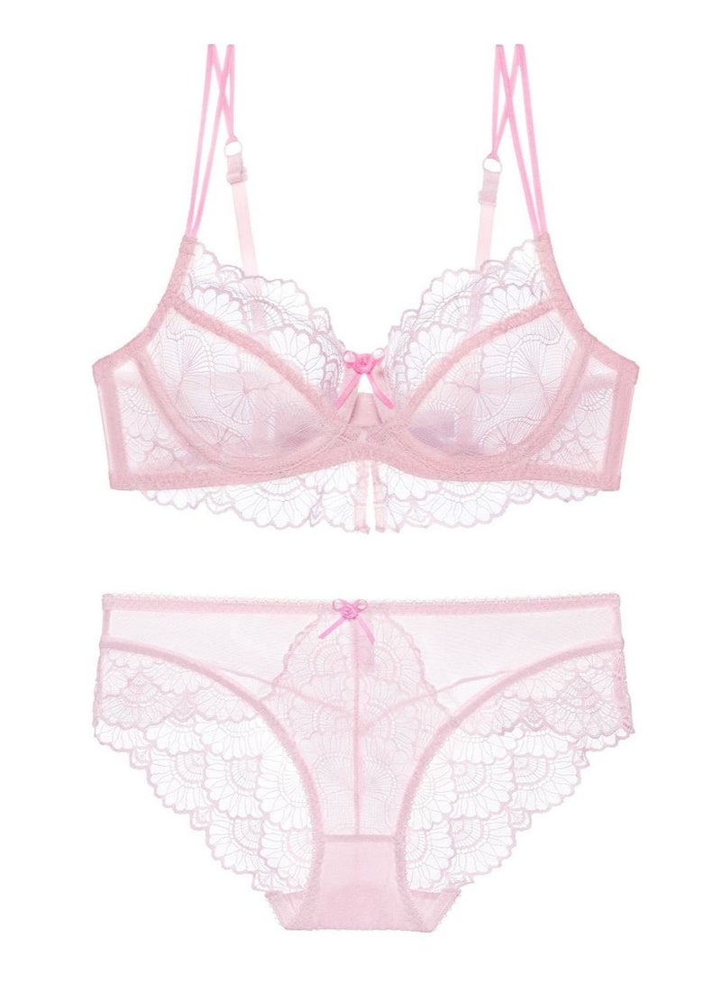 Loquat Breathable Ultra Thin Cup Lace Bra And Panty Set Pink