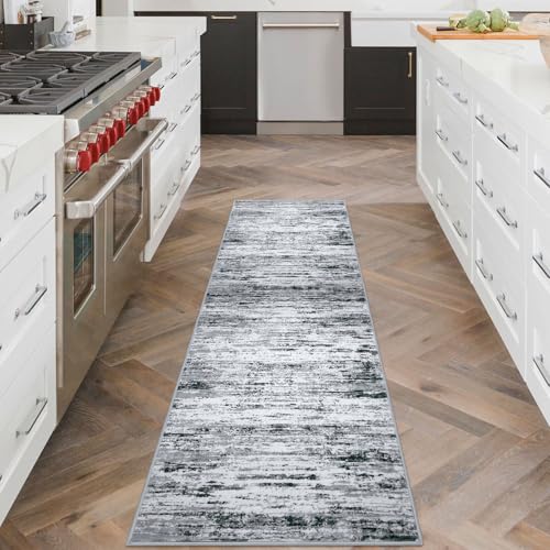Lansny Modern Abstract Runner Rug 2x6, Black Grey White Washable Kitchen Runner Non-Slip Soft Hallway Rug Runner Thin Print Faux Wool Carpet for Entryway Bedroom Laundry Room Indoor Home Decor - Image 2
