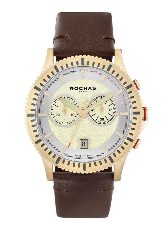 Rochas Men's 42 mm Gold Dial and Brown Genuine Leather Strap Watch with Day-Date Feature - RWM208