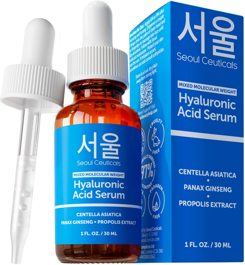 SeoulCeuticals Korean Hyaluronic Acid Serum For Face - High Molecular Weight & Low Molecular Weight Hyaluronic Acid - Centella Serum + Propolis. 1oz - Image 1