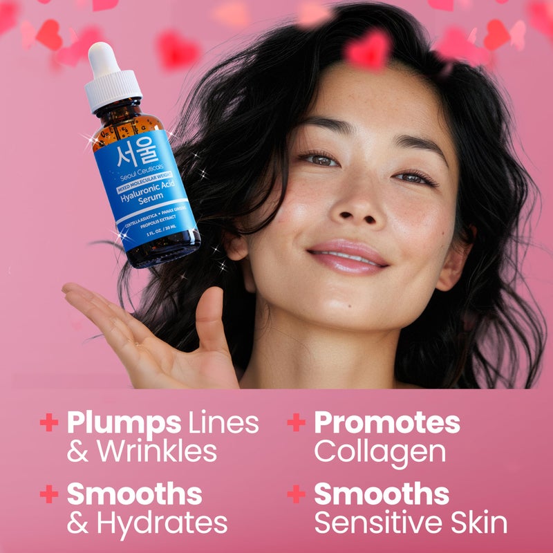 SeoulCeuticals Korean Hyaluronic Acid Serum For Face - High Molecular Weight & Low Molecular Weight Hyaluronic Acid - Centella Serum + Propolis. 1oz - Image 2