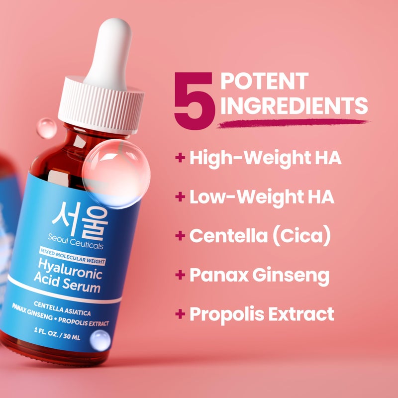 SeoulCeuticals Korean Hyaluronic Acid Serum For Face - High Molecular Weight & Low Molecular Weight Hyaluronic Acid - Centella Serum + Propolis. 1oz - Image 4
