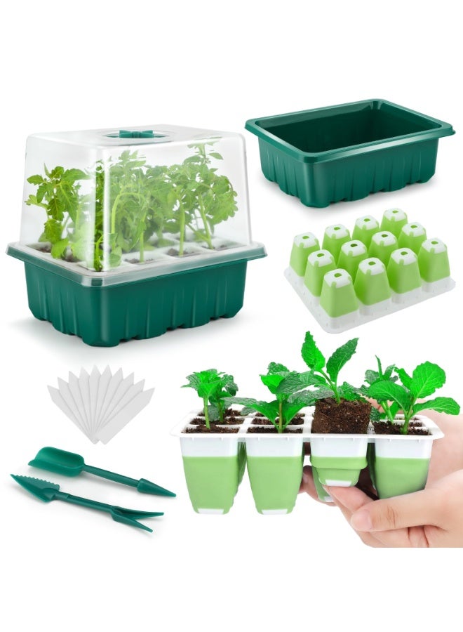 طقم زراعة منزلي 12 خانة للشتلات مع قاعدة سيليكون مرنة وغطاء رطوبة بارتفاع 4.33 إنش (11 سم) – صينية إنبات قابلة لإعادة الاستخدام للزراعة المنزلية - Image 1