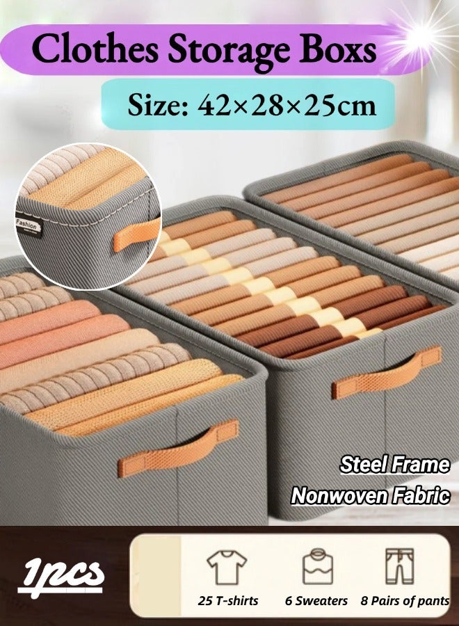 Clothes Storage Boxs, Foldable Storage Organizer with Carrying Handles and Steel Frame, Stackable Fabric Storage Organizer, Washable Nonwoven Fabric Storage Baskets, Suitable for Clothing, T-Shirt, Pants, Toys & Books (Gray, 42*25*28 Cm)  - Image 1