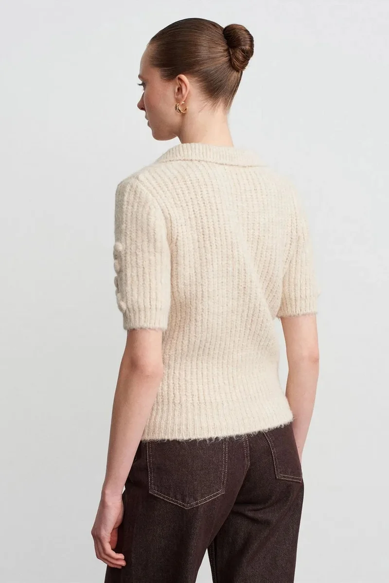 Dilvin Cream Natural DILVIN Textured Ribbed Polo-collar Sweater for Women | Best Price UAE