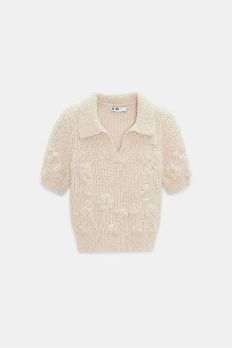 DILVIN Textured Ribbed Polo-collar Sweater